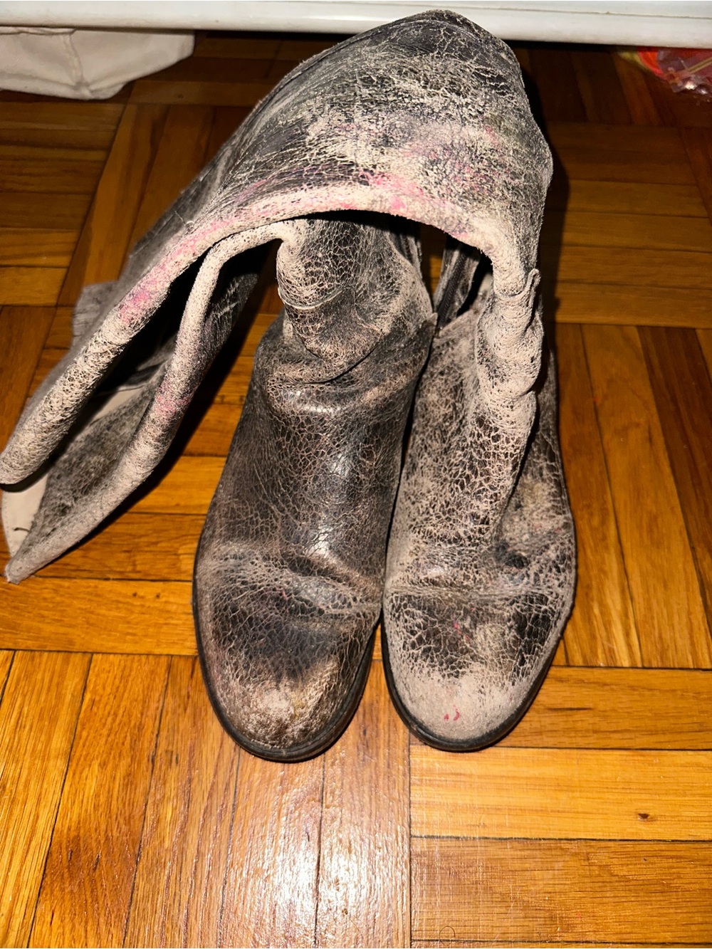 Slouchy Leather Boots in Distressed Black & Brown. With hues of pink